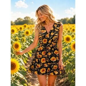 100% Silk Floral Ruffle Tiered Mini Dress PAIGE‎ Turmeric Poppy M Luxe Boho